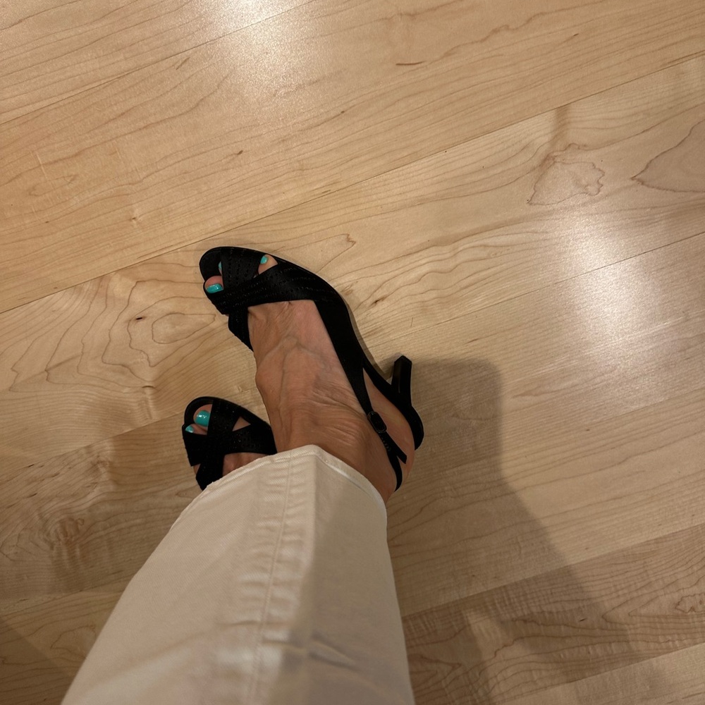Nina Elegant Black Satin Slingback Heels with Studded Crisscross Straps - Picture 11 of 14